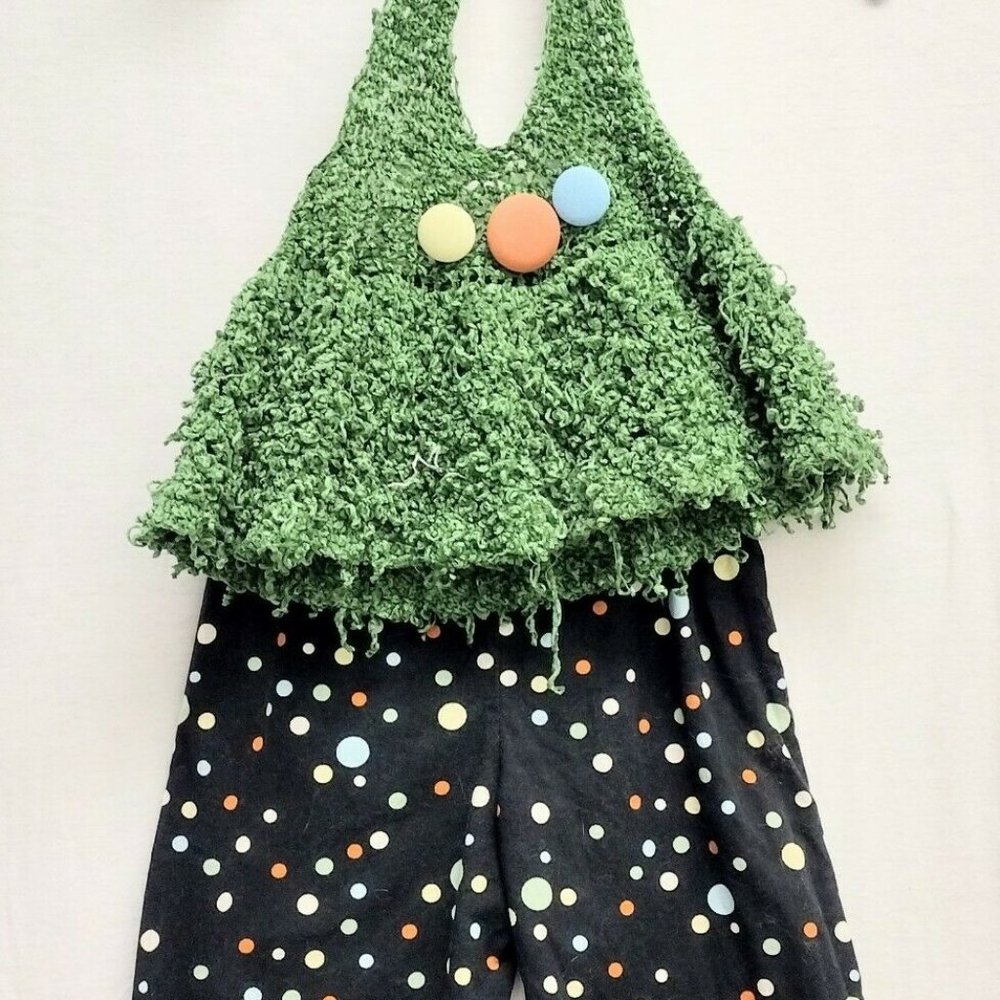 Girls Halter & Ruffle Pants Green Top Black Polka Dot Bottoms Outfit Handmade